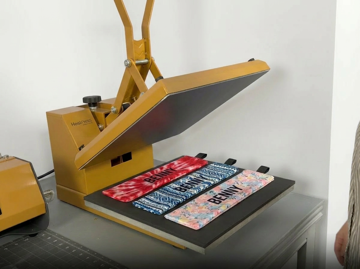 Lead Sleeve blanks on a heat press platen